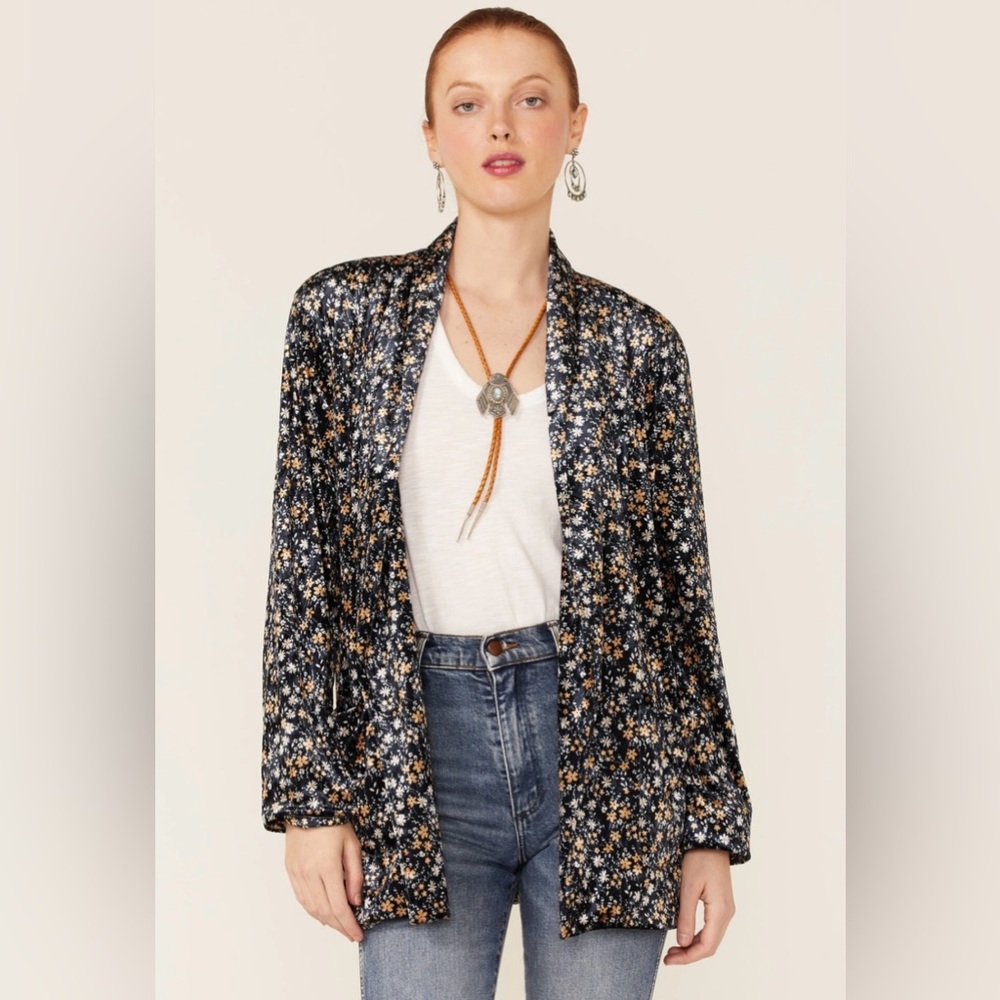 Molly Bracken Blazer Women’s Ditsy Floral Print Stretch Velvet Open Front